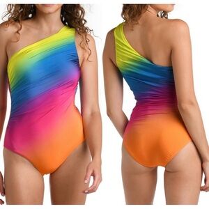 New! La Blanca Rainbow Shirred One-Shoulder One-Piece
Swimsuit